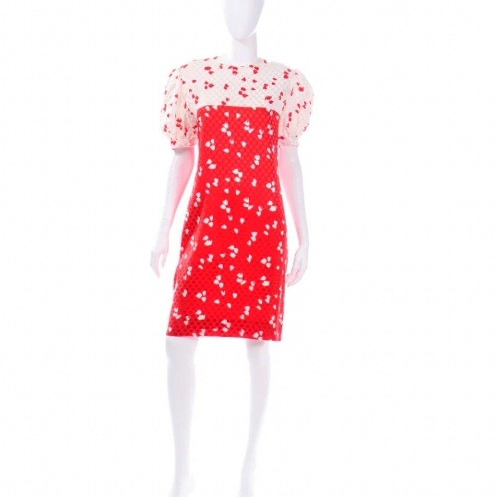 Vintage David Hayes Red Cream Heart Puff Sleeve Colorblock Sheath Dress 12 14 16